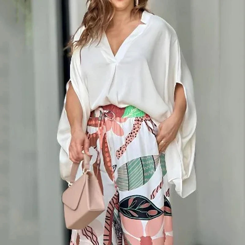 IMIEMIE Wefads Two Piece Set Summer Casual Solid V Neck Batwing Sleeve Loose Top Wide Legs Printed Stretch Waist Pants Sets Streetwear