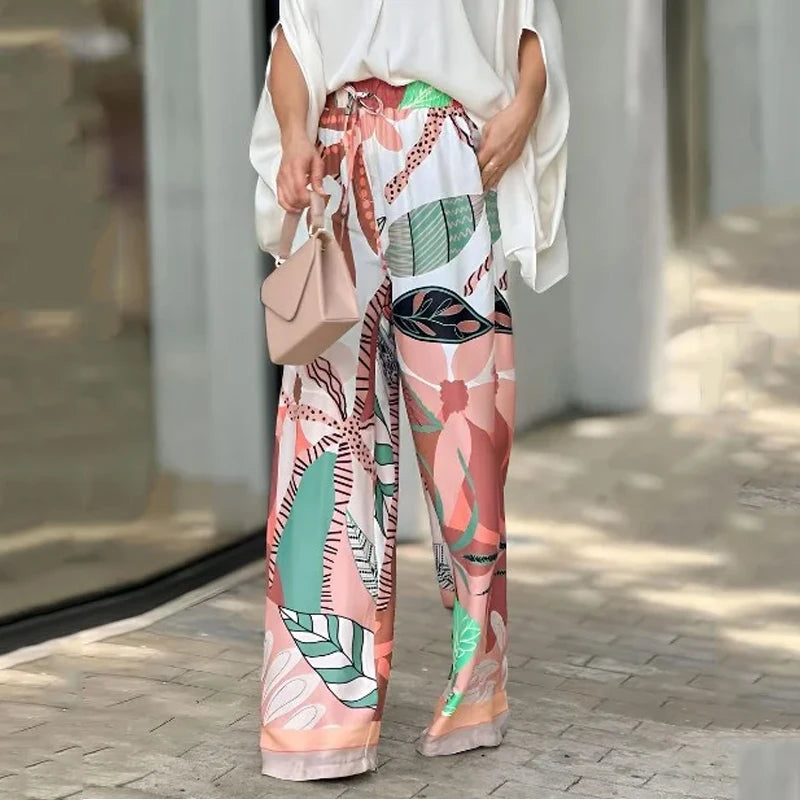 IMIEMIE Wefads Two Piece Set Summer Casual Solid V Neck Batwing Sleeve Loose Top Wide Legs Printed Stretch Waist Pants Sets Streetwear