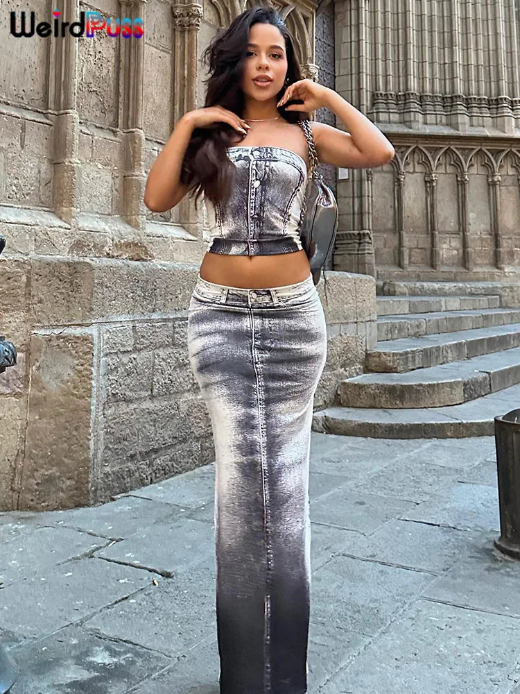 IMIEMIE Weird Puss Fake Denim Print Women 2 Piece Set Skinny Chic Hipster Strapless Tops+Maxi Skirts Matching Casual Streetwear Outfits