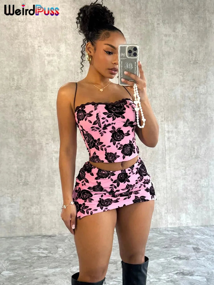 IMIEMIE Weird Puss Flower Print Women 2 Piece Set Elegant Summer Trend Lace Bow Camisole+Peach Hip Skirts Matching Streetwear Outfits