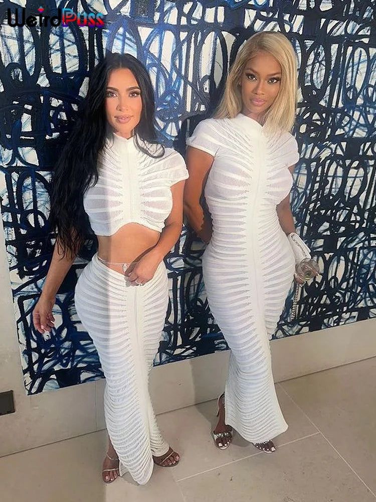 IMIEMIE Weird Puss Knit Women Tracksuit 2 Piece Set Striped Stretch See Through Shorts Sleeve Crop Tops+Maxi Skirts Matching Streetwear