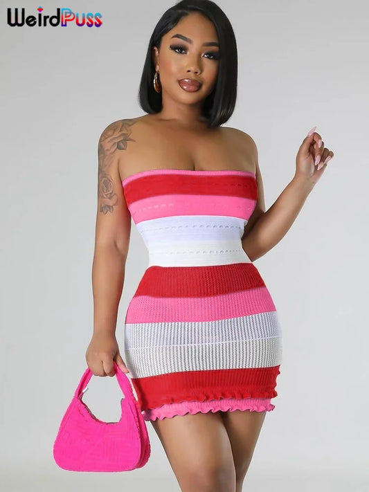 IMIEMIE Weird Puss Knit Women Tube Dress Elegant Summer Patchwork Striped Ruffles Hem Skinny Stretch Bodycon Street Vacation Clubwear