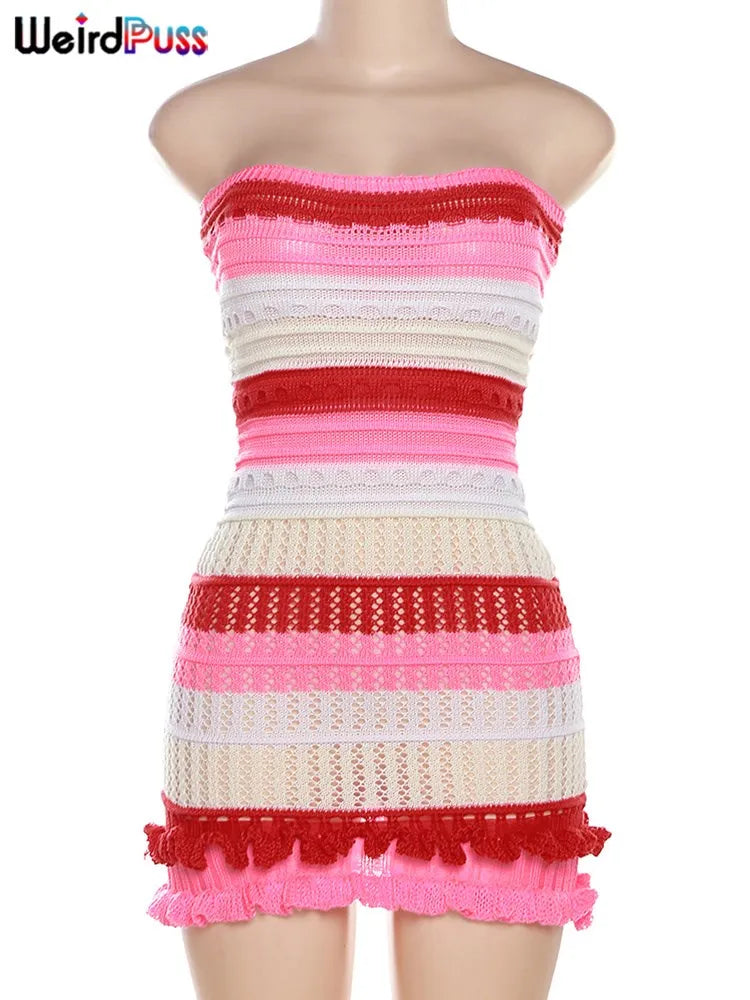 IMIEMIE Weird Puss Knit Women Tube Dress Elegant Summer Patchwork Striped Ruffles Hem Skinny Stretch Bodycon Street Vacation Clubwear