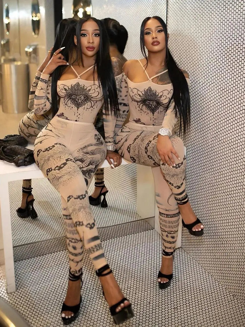 IMIEMIE eird Puss Sexy See Through Women 2 Piece Set Fashion Heart Print Slash Neck Bodysuit+Leggings Matching Midnight Clubwear Suit