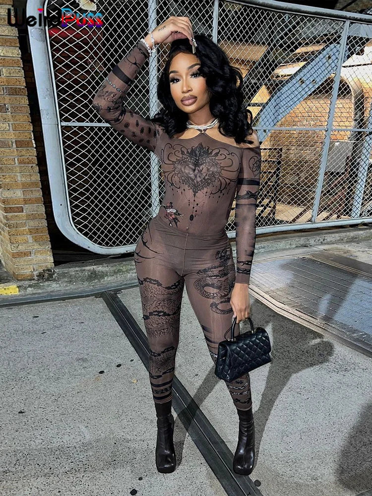 IMIEMIE eird Puss Sexy See Through Women 2 Piece Set Fashion Heart Print Slash Neck Bodysuit+Leggings Matching Midnight Clubwear Suit