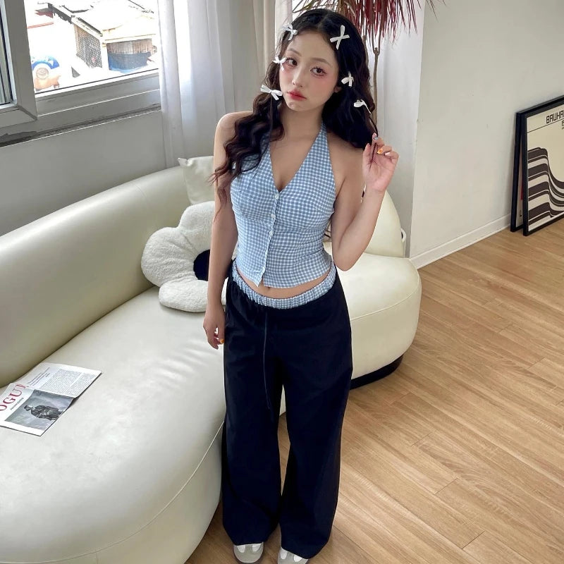 IMIEMIE WhereMery Fashion Trend Two Piece Set Retro Lattice Slim Halter Camis Tank Tops Casual Loose Pants High Street  Commute Y2K Set