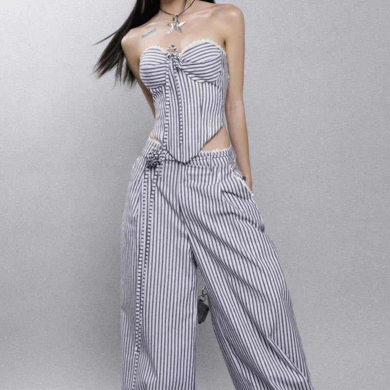 IMIEMIE WhereMery Korean Style Spicy Girl Striped Two-Piece Set Y2K Slim Fit Crop Tops and  Loose Pants high Street Club Sexy Women Set