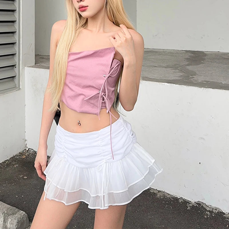 IMIEMIE WhereMery Sexy Skirt Mesh Perspective Pleated Mini Skirt Waist Casual Mini Dresses Street Nightclub Summer Women's Short Skirt