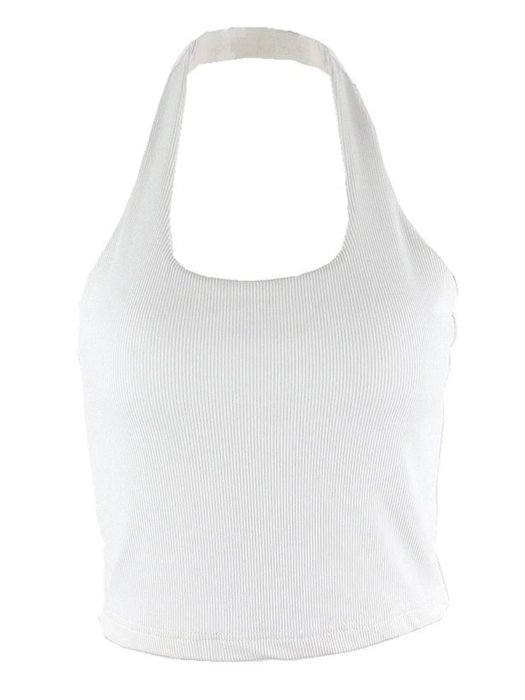 IMIEMIE White Halter Sexy Backless Tank Tops for Women Streetwear 2024 Sleeveless Ribbed Knit Vest Top Cropped Feminino