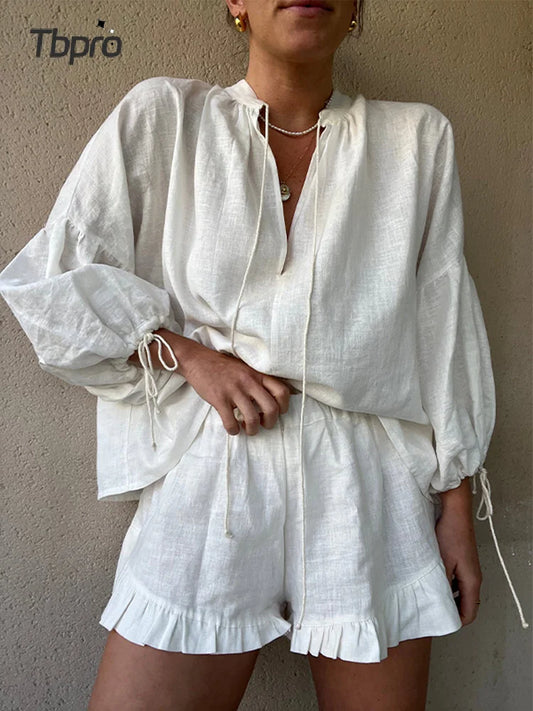 IMIEMIE White Linen Ruffles Shorts Sets For Women Fashion Casual V Neck Puff Sleeve Shirts Suits 2024 Summer New Female Vocation Outfits