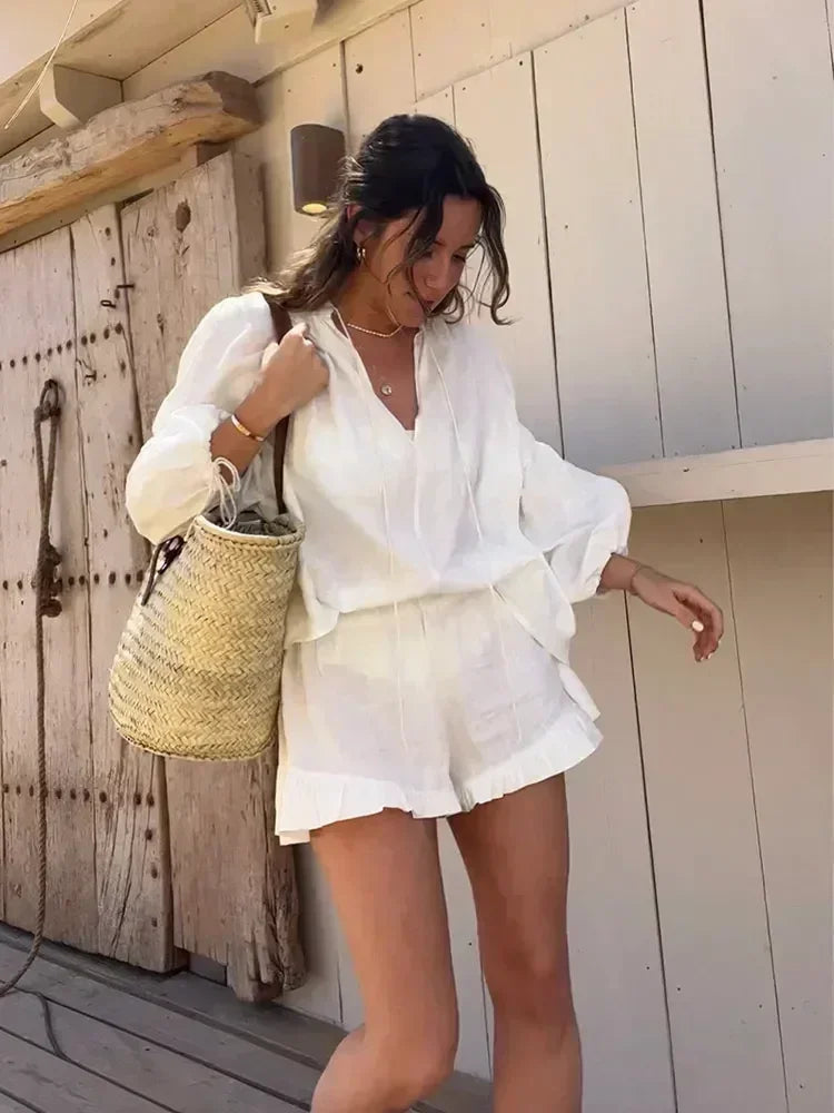 IMIEMIE White Linen Ruffles Shorts Sets For Women Fashion Casual V Neck Puff Sleeve Shirts Suits 2024 Summer New Female Vocation Outfits