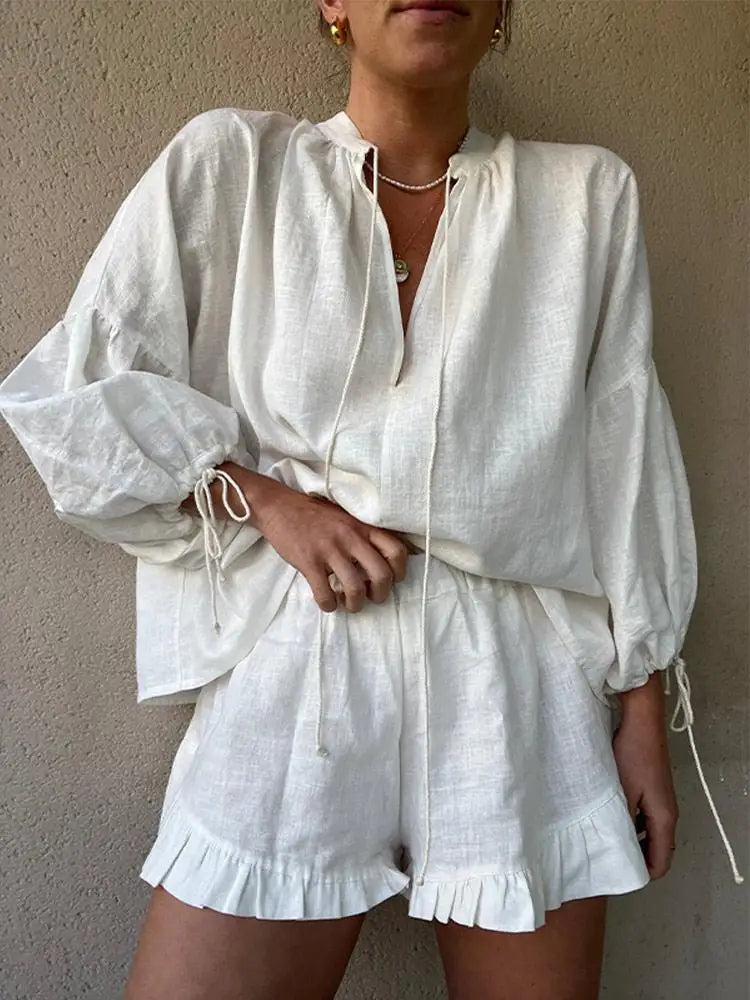 IMIEMIE White Linen Ruffles Shorts Sets For Women Fashion Casual V Neck Puff Sleeve Shirts Suits 2024 Summer New Female Vocation Outfits