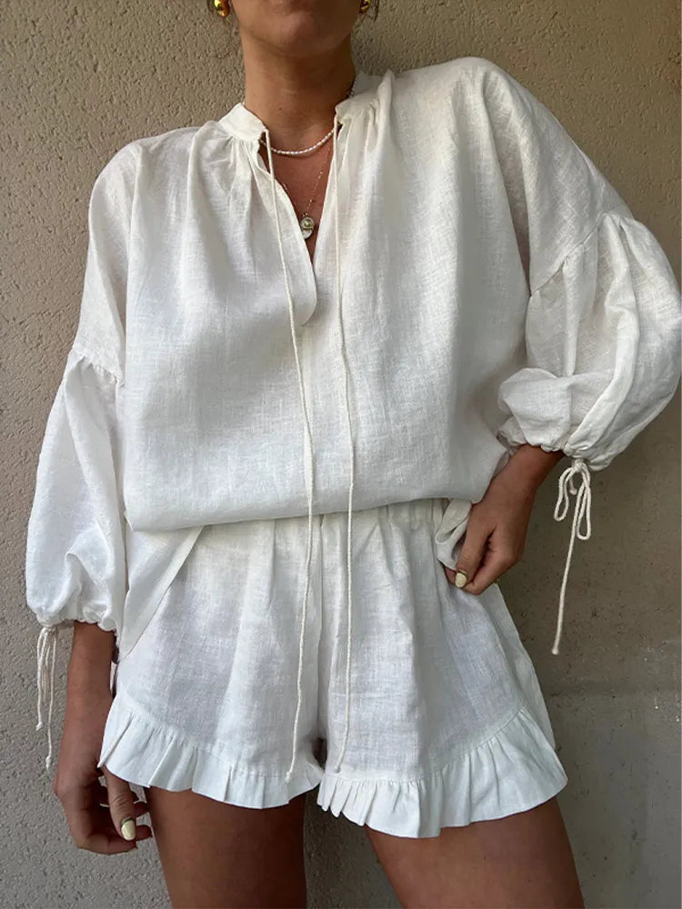 IMIEMIE White Linen Ruffles Shorts Sets For Women Fashion Casual V Neck Puff Sleeve Shirts Suits 2024 Summer New Female Vocation Outfits