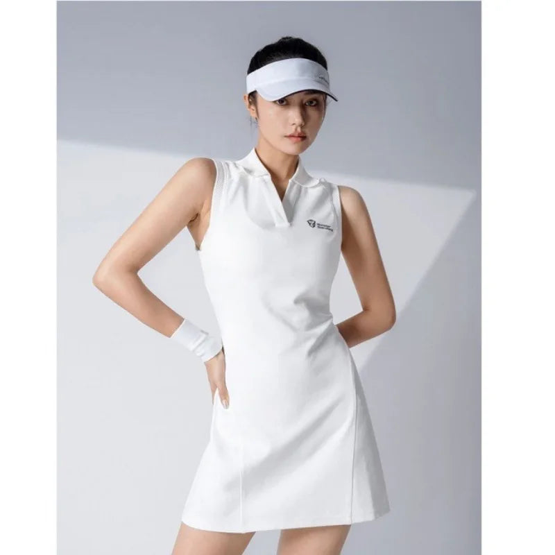 IMIEMIE White POLO Dress Skirt Women's Golf Wear Sport Tennis Outfit Beach Badminton Clothing Outdoor Activities Tracksuit Girl 2024 New