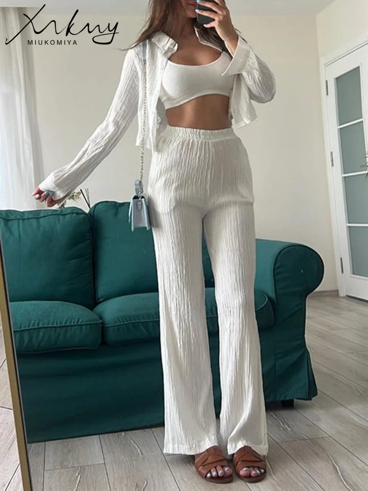 IMIEMIE White Pants Sets For Women 2024 Crop Tops Shirts Girls Long Sleeves Chiffon 2 Ppiece Sets Women Outfit Wide Leg Pants And Shirts