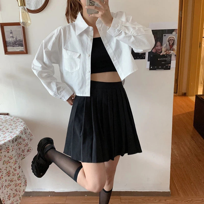 IMIEMIE White Shirt For Women 2024 Spring Summer Casual Wild Long Sleeve Crop Tops Female Japanese Style Student Pocket Cropped Blouses