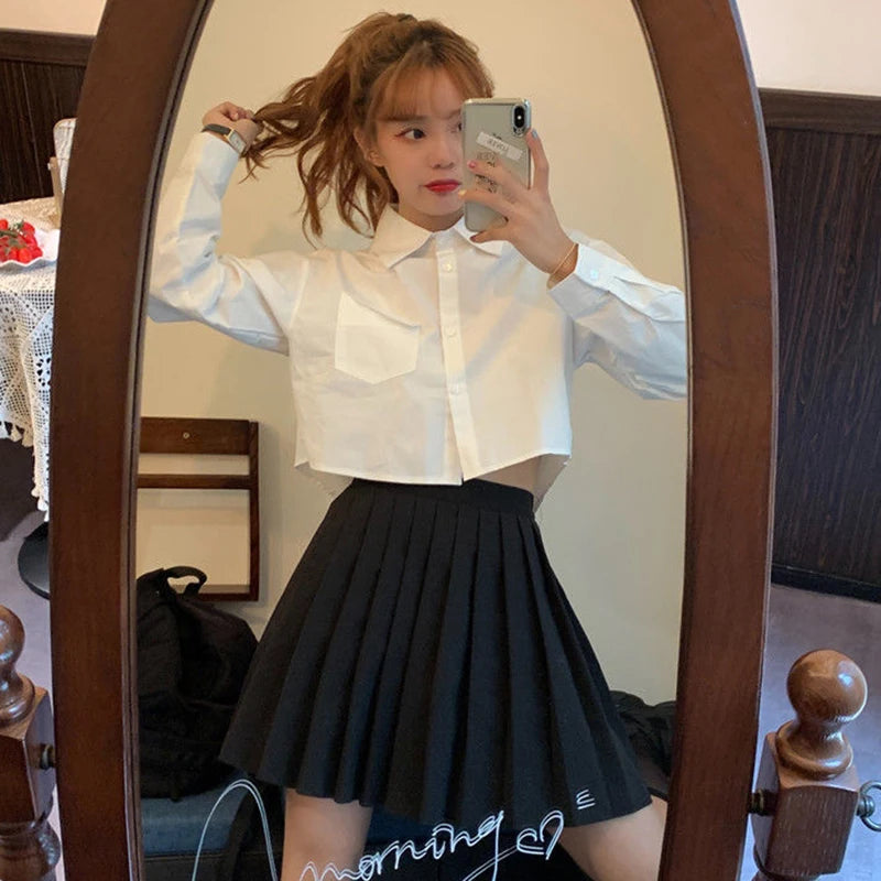 IMIEMIE White Shirt For Women 2024 Spring Summer Casual Wild Long Sleeve Crop Tops Female Japanese Style Student Pocket Cropped Blouses