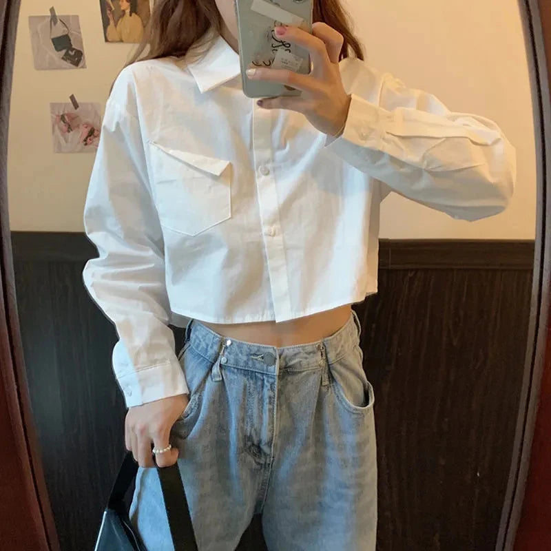 IMIEMIE White Shirt For Women 2024 Spring Summer Casual Wild Long Sleeve Crop Tops Female Japanese Style Student Pocket Cropped Blouses