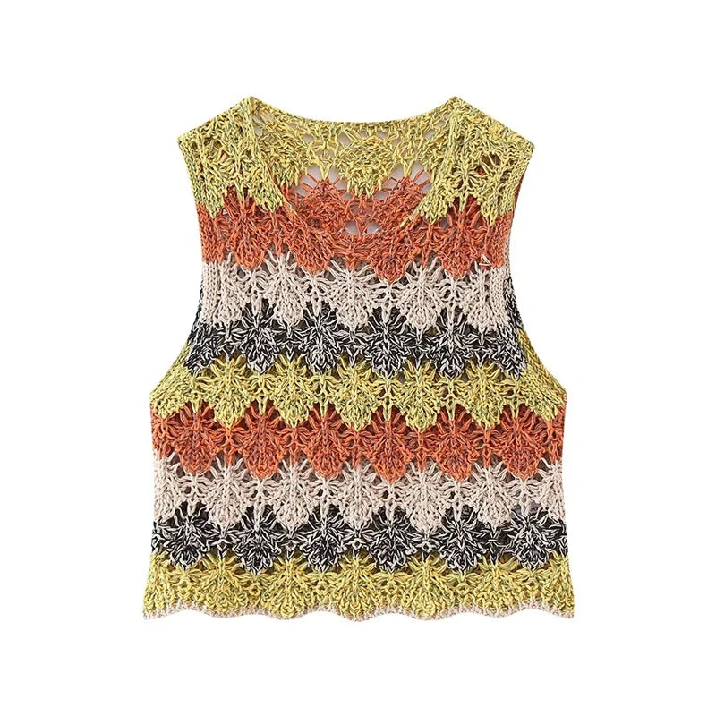 IMIEMIE Willshela Women Fashion Printed Hollow Out Knitted Pullover Vest Vintage O-Neck Sleeveless Female Chic Lady Tank Tops