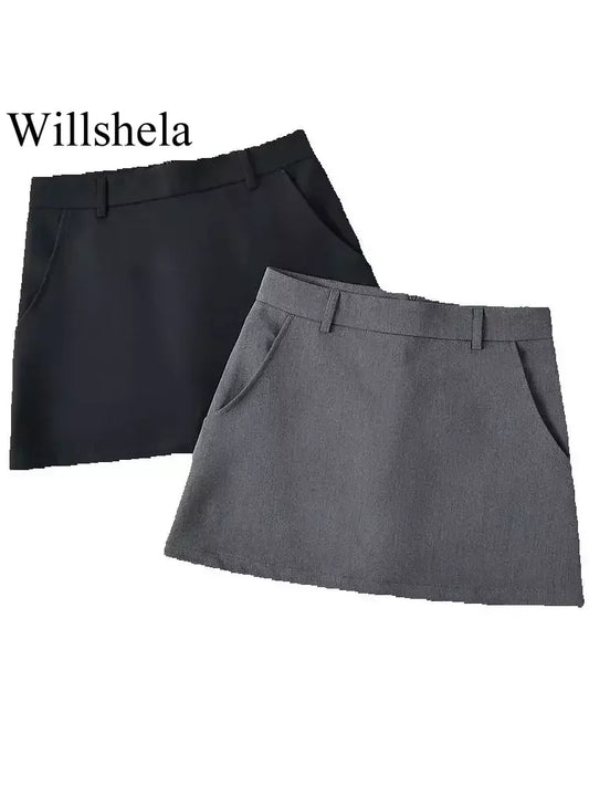 IMIEMIE Willshela Women Fashion Solid Back Zipper A-Line Mini Skirt Vintage High Waist Female Chic Lady Skirts