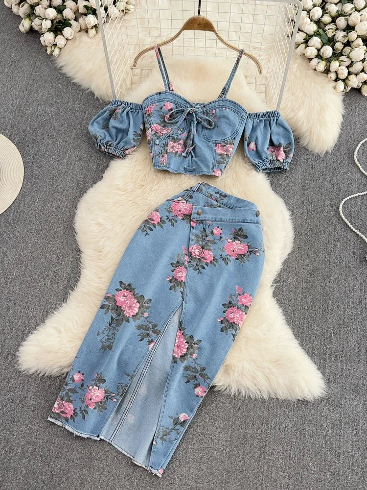 IMIEMIE Women 2 Piece Set Denim Fashion Female Hot Girl Chic Sexy Sling Top High Waist Irregular Split Skirt Summer Lady Suit