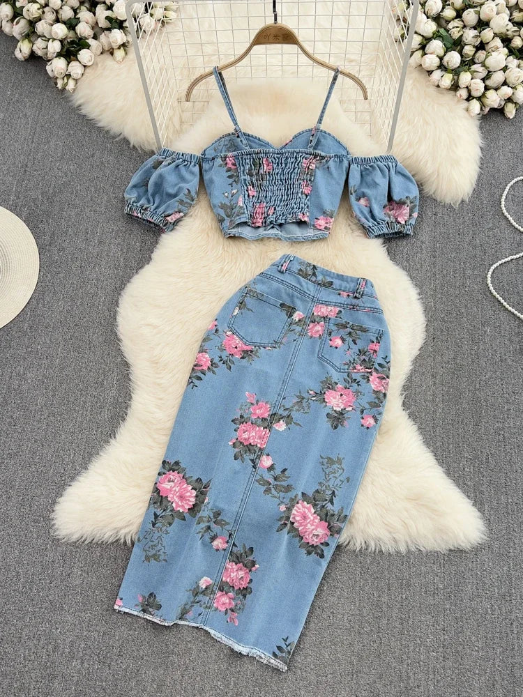 IMIEMIE Women 2 Piece Set Denim Fashion Female Hot Girl Chic Sexy Sling Top High Waist Irregular Split Skirt Summer Lady Suit