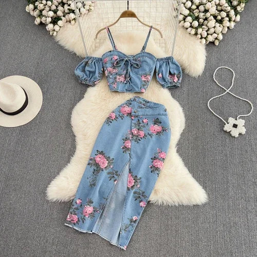 IMIEMIE Women 2 Piece Set Denim Fashion Female Hot Girl Chic Sexy Sling Top High Waist Irregular Split Skirt Summer Lady Suit