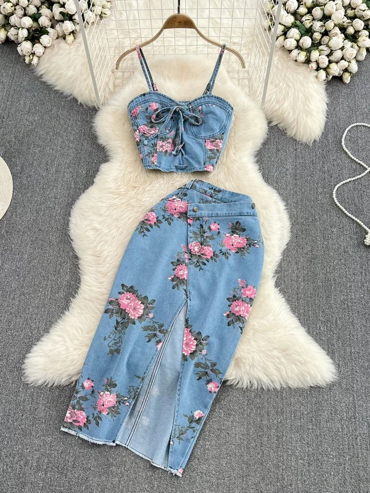 IMIEMIE Women 2 Piece Set Denim Fashion Female Hot Girl Chic Sexy Sling Top High Waist Irregular Split Skirt Summer Lady Suit