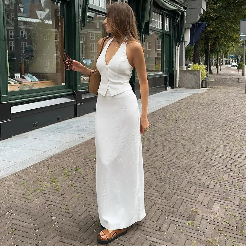 IMIEMIE Women 2 Piece Summer Outfits Solid Color Button Halter Tops and Slit Long Skirt Set for Streetwear y2k Aesthetic Clothes