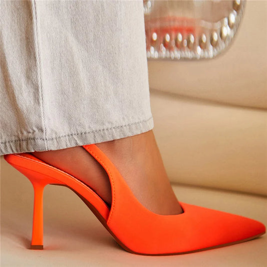 IMIEMIE Women 9cm High Heels Pumps Neon Orange Green Sandals Lady Slingback Mules Pointed Toe Mid Heels Party Fetish Prom Wedding Shoes