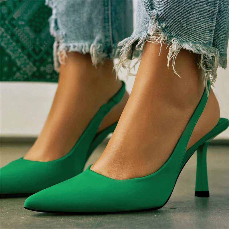 IMIEMIE Women 9cm High Heels Pumps Neon Orange Green Sandals Lady Slingback Mules Pointed Toe Mid Heels Party Fetish Prom Wedding Shoes