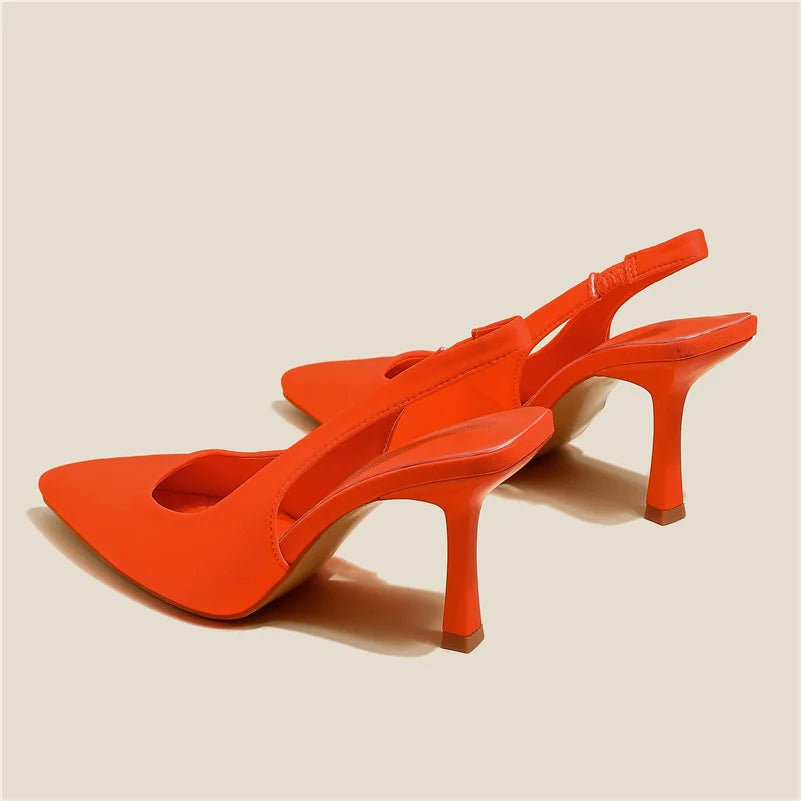 IMIEMIE Women 9cm High Heels Pumps Neon Orange Green Sandals Lady Slingback Mules Pointed Toe Mid Heels Party Fetish Prom Wedding Shoes