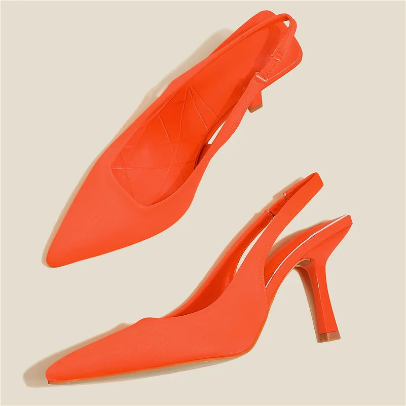 IMIEMIE Women 9cm High Heels Pumps Neon Orange Green Sandals Lady Slingback Mules Pointed Toe Mid Heels Party Fetish Prom Wedding Shoes