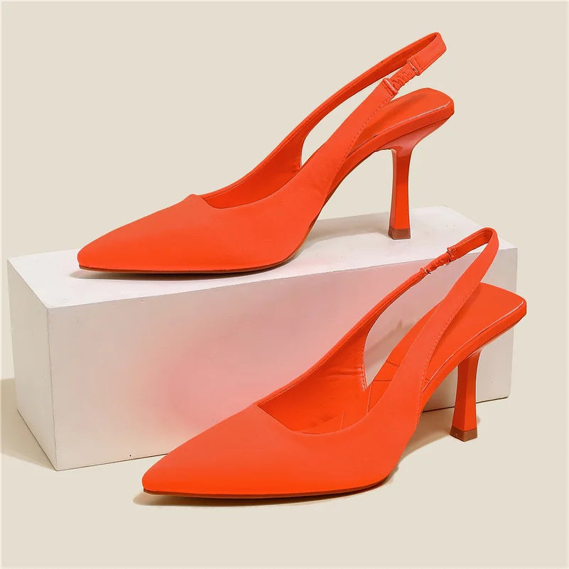 IMIEMIE Women 9cm High Heels Pumps Neon Orange Green Sandals Lady Slingback Mules Pointed Toe Mid Heels Party Fetish Prom Wedding Shoes