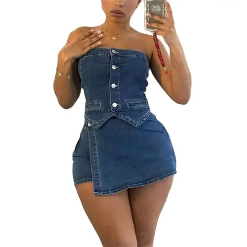 IMIEMIE Women Apron Decoration Shorts Two Piece Sets Single-breasted Cardigan Backless T-Shirt Denim Female Suits Casual Streetwear 2024