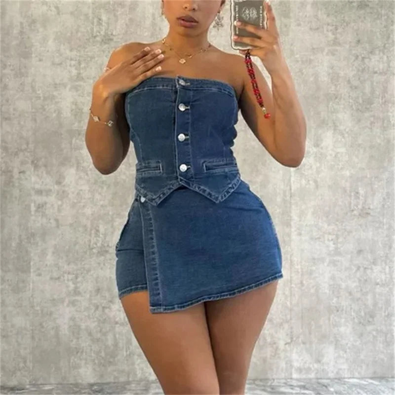 IMIEMIE Women Apron Decoration Shorts Two Piece Sets Single-breasted Cardigan Backless T-Shirt Denim Female Suits Casual Streetwear 2024