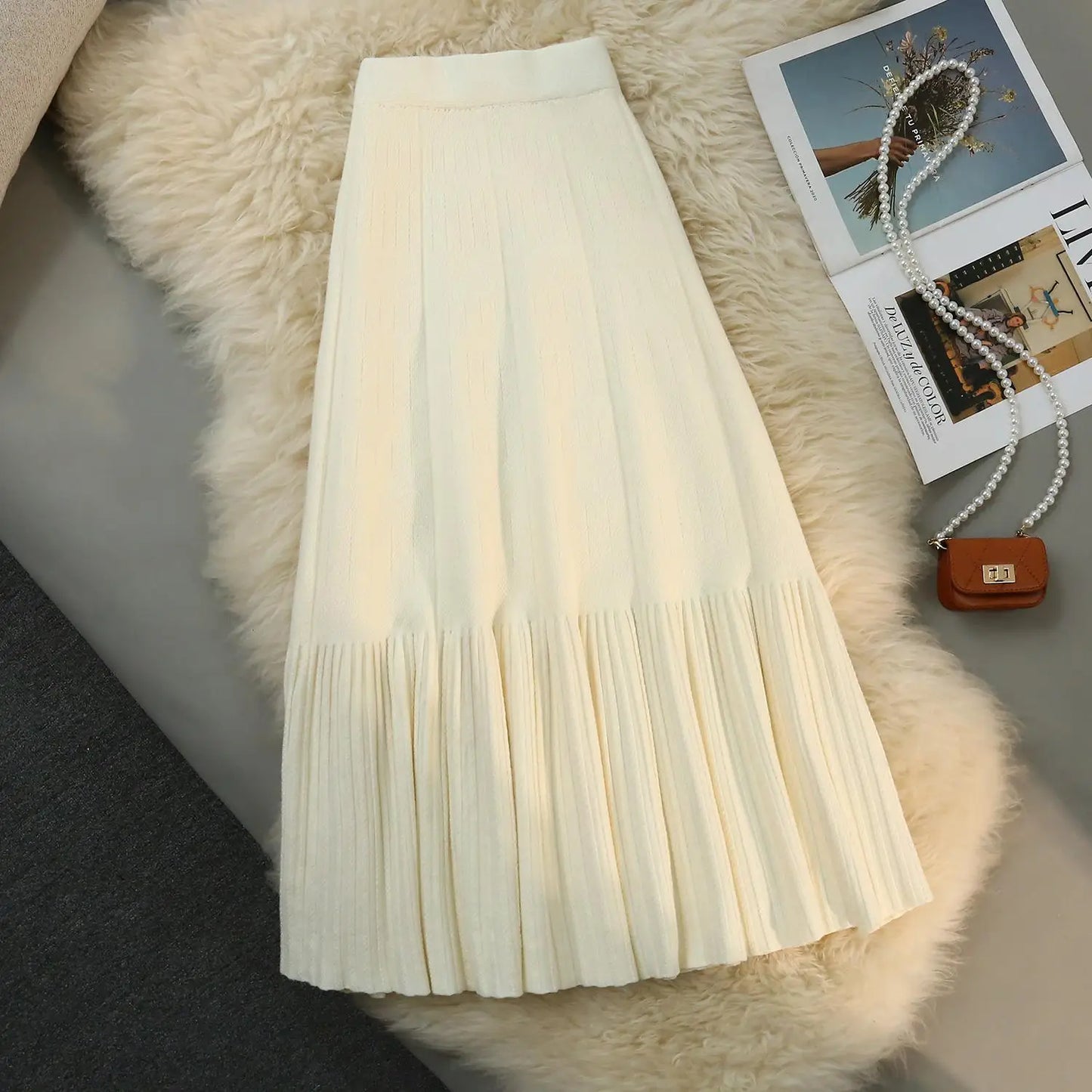 IMIEMIE Women Autumn Winter Knitted Long Skirt Korean Style Elastic High Waist Female Knit Fashion Pleated Skirts Y2k Woman Clothing