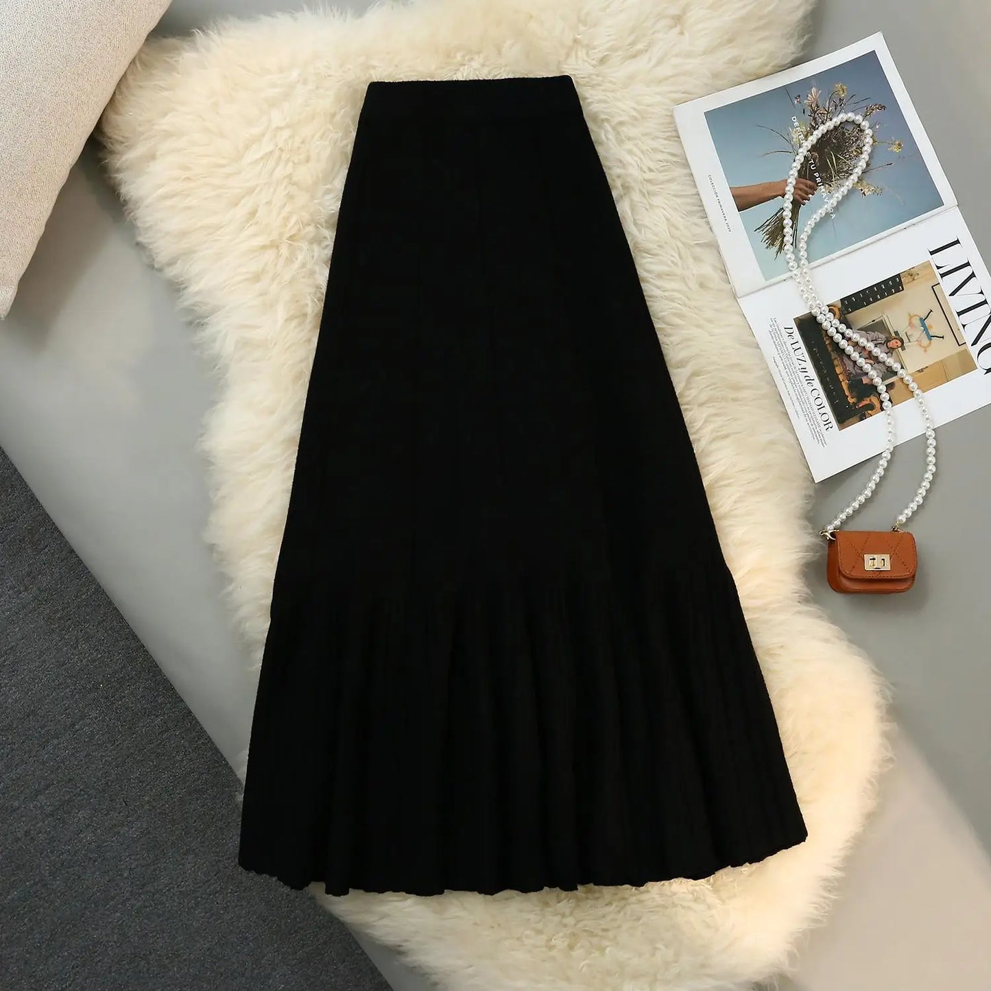 IMIEMIE Women Autumn Winter Knitted Long Skirt Korean Style Elastic High Waist Female Knit Fashion Pleated Skirts Y2k Woman Clothing