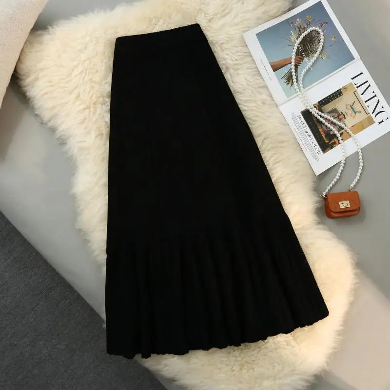 IMIEMIE Women Autumn Winter Knitted Long Skirt Korean Style Elastic High Waist Female Knit Fashion Pleated Skirts Y2k Woman Clothing