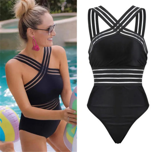 IMIEMIE Women Bodysuit Swimsuits 2024 Summer One_piece Swimwear For Lady High Neck Bandage Cross Back Padded Up Swimming Suit For Women