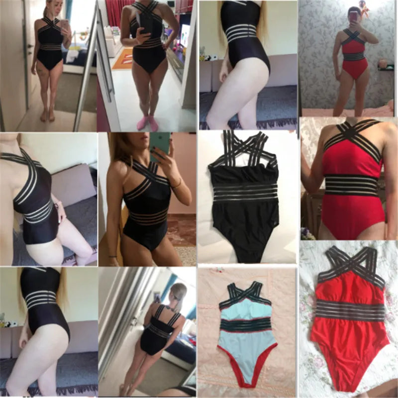 IMIEMIE Women Bodysuit Swimsuits 2024 Summer One_piece Swimwear For Lady High Neck Bandage Cross Back Padded Up Swimming Suit For Women