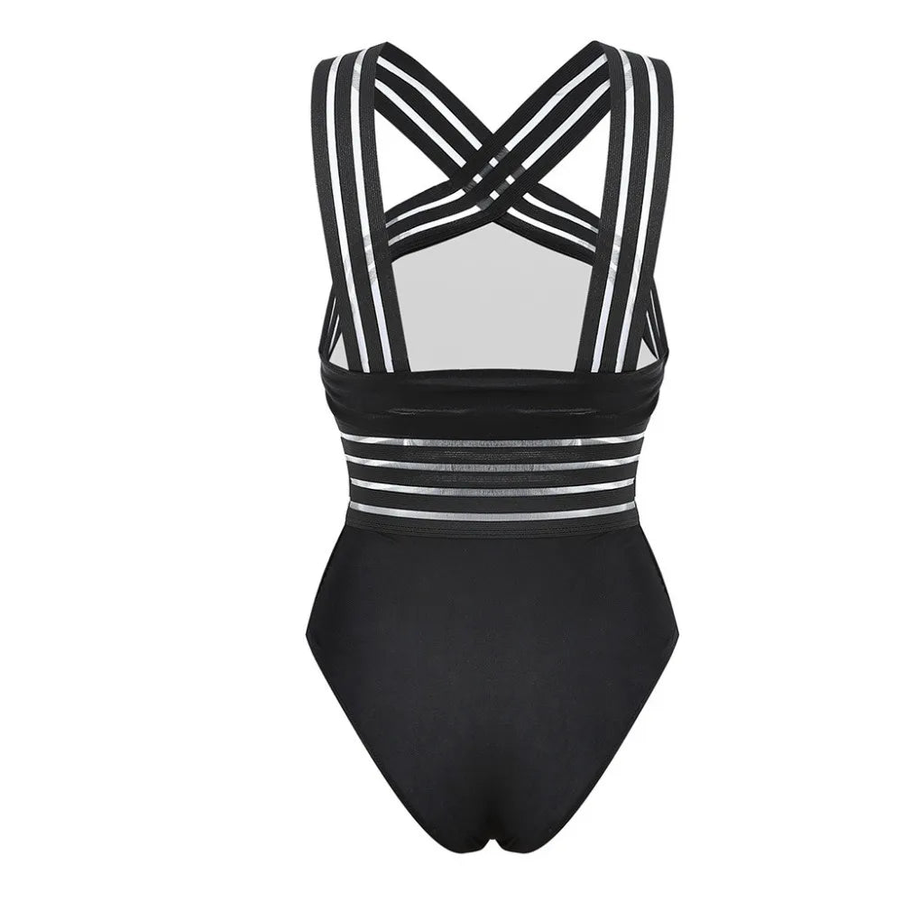 IMIEMIE Women Bodysuit Swimsuits 2024 Summer One_piece Swimwear For Lady High Neck Bandage Cross Back Padded Up Swimming Suit For Women