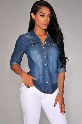 IMIEMIE Women Casual Blue Jean Soft Denim Long Sleeve Shirt Tops Blouse Hot Lady Button Pocket Slim Top Sexy Blouse