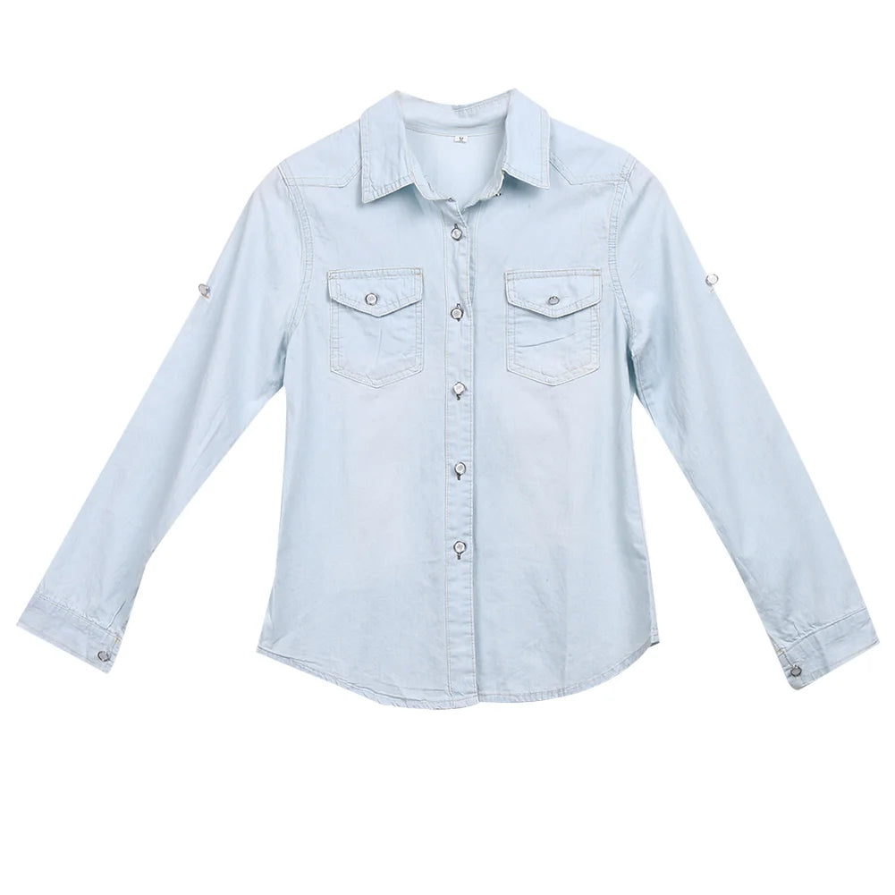 IMIEMIE Women Casual Blue Jean Soft Denim Long Sleeve Shirt Tops Blouse Hot Lady Button Pocket Slim Top Sexy Blouse