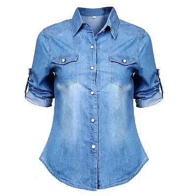 IMIEMIE Women Casual Blue Jean Soft Denim Long Sleeve Shirt Tops Blouse Hot Lady Button Pocket Slim Top Sexy Blouse