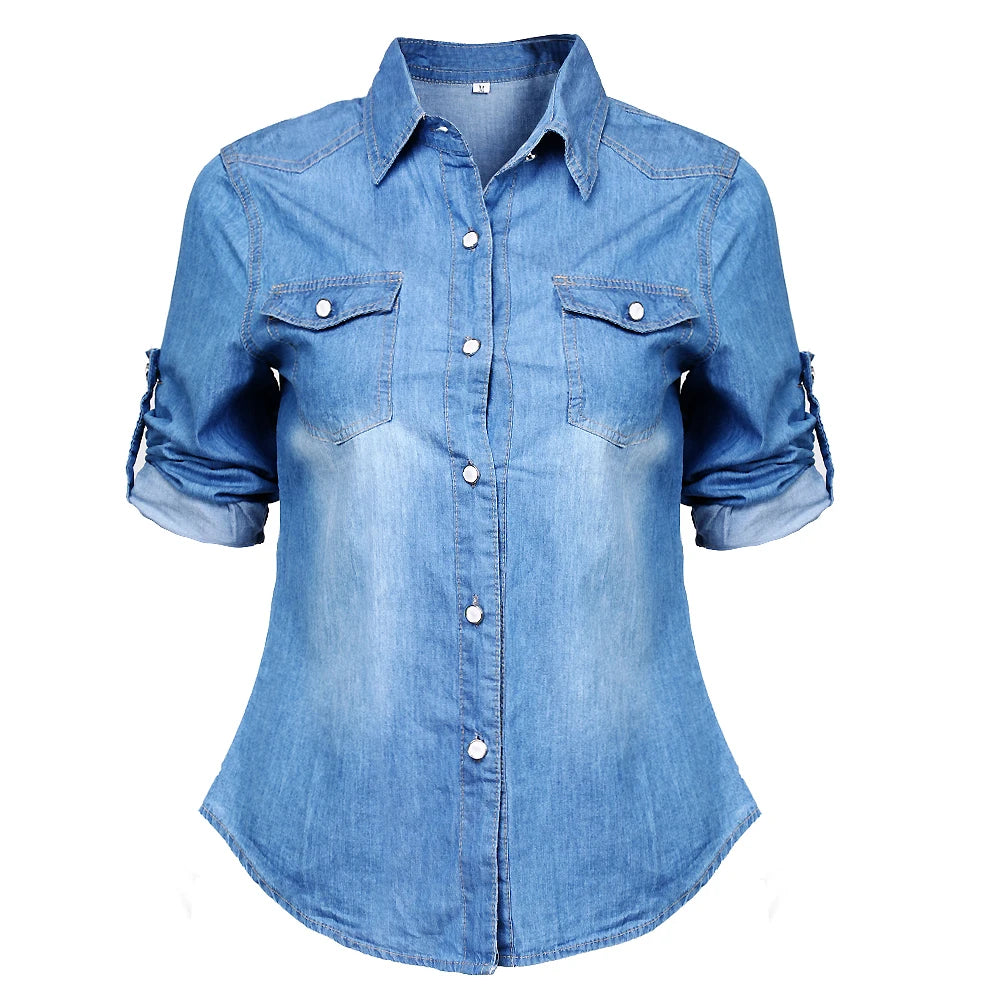 IMIEMIE Women Casual Blue Jean Soft Denim Long Sleeve Shirt Tops Blouse Hot Lady Button Pocket Slim Top Sexy Blouse