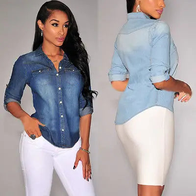 IMIEMIE Women Casual Blue Jean Soft Denim Long Sleeve Shirt Tops Blouse Hot Lady Button Pocket Slim Top Sexy Blouse