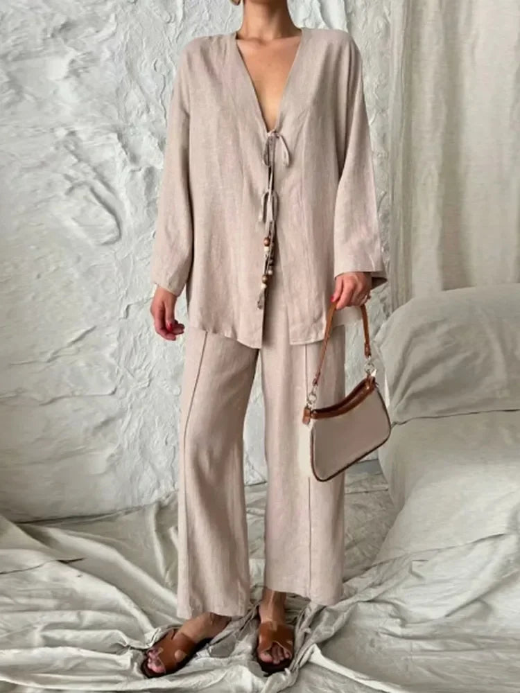 IMIEMIE Women Casual Solid Lace Up Linen Loose Pants Suits Elegant V Neck Long Sleeves Shirt Wide Leg Pants Set Chic Lady Holiday Outfit