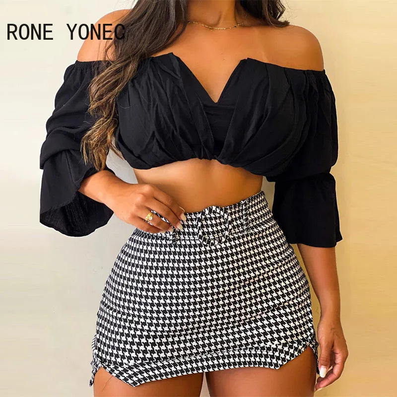 IMIEMIE Women Chic with Belt Slash Small V Neck Three Quarter Sleeves Houndstooth Pattern Bottom& Solid Top Bodycon Skirt Sets