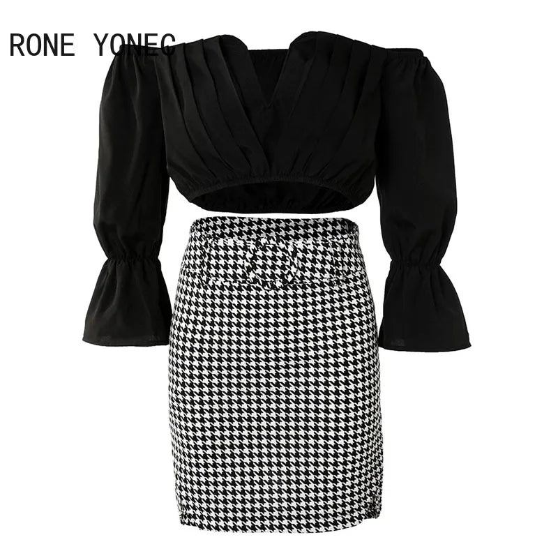 IMIEMIE Women Chic with Belt Slash Small V Neck Three Quarter Sleeves Houndstooth Pattern Bottom& Solid Top Bodycon Skirt Sets